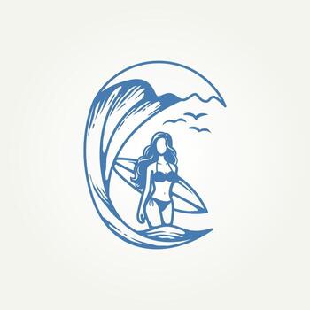 vintage surfer carrying a surfboard label logo illustration design. simple modern holiday, surf club, apparel design logo concept vector