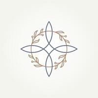 minimalist witch's knot with leaves around line art icon logo illustration design. simple modern wicca symbol and power of four elements concept vector