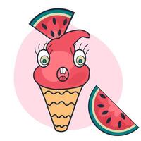 Surprised face watermelon ice cream cone character with giggle eyes. Perfect print for tee, sticker, poster. Hand drawn illustration for decor and design. vector