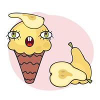 Giggle face pear ice cream cone character. Perfect print for tee, sticker, poster. Hand drawn illustration for decor and design. vector