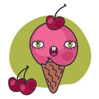 Cute giggle face cherry ice cream cone character with doodle eyes. Perfect print for tee, sticker, poster. Funny illustration for decor and design. vector