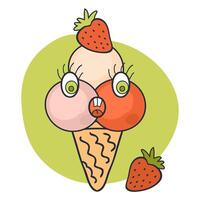 Crazy face strawberry ice cream cone character with doodle eyes. Perfect print for tee, sticker, poster. Hand drawn illustration for decor and design. vector