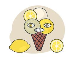 Surprised face lemon ice cream cone character with googly eyes in retro style. Perfect print for tee, sticker, poster. Cute illustration for decor and design. vector