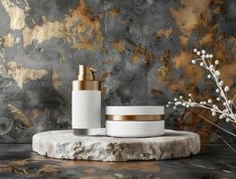 3D blank cosmetic bottle with luxury background for mockup photo