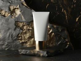 3D blank cosmetic bottle with luxury background for mockup photo