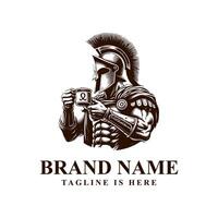 Unique Spartan enjoying coffee logo blending strength with relaxation. Perfect for coffee shops, cafes, or lifestyle brands. The design combines a fierce warrior with the comfort of a coffee break. vector