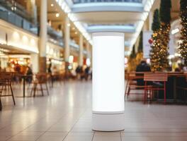 White blank roll up for mockup poster stands in shopping center background photo