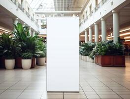 White blank roll up for mockup poster stands in shopping center background photo