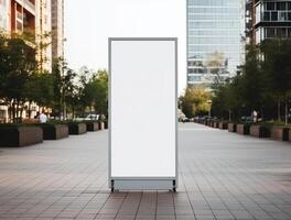 White blank roll up for mockup poster stands in shopping center background photo