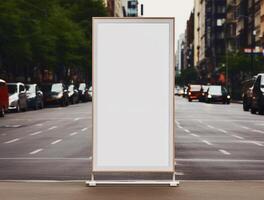 White blank roll up for mockup poster stands in shopping center background photo