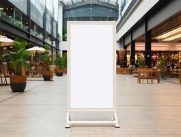 White blank roll up for mockup poster stands in shopping center background photo