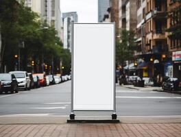 White blank roll up for mockup poster stands in shopping center background photo
