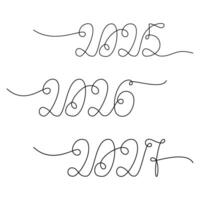 2025 2026 2027 hand drawn New Year date with one continuous line. Set of 3 design elements Isolated. Cards, poster, banner, brochure, price tag, label or web, promo or print, textile concept vector