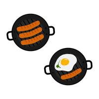 Sausage and fried egg wit green in grill pan with handles Top view. Culinary cards design element. Set of 2 Isolated Food poster, menu, banner, brochure, price tag, label or web, promo idea vector