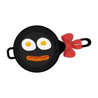 Scrambled eggs and sausage in the shape of a smiling emoticon in frying pan with handle and red bow. Top view. Isolated Culinary food poster or card menu, banner, brochure, price tag concept vector
