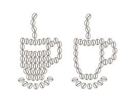 Abstract coffee cups with steam and saucer made of outline coffee beans. Outline and silhouette idea. Isolate EPS. Logo, sticker, icon or greeting, card, banner, price tag, label or web concept vector