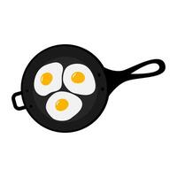 Simple breakfast of 3 cooked eggs in a fried pan in cartoon style. Top view Cards, promo design idea. Isolated EPS Culinary Logo sticker, poster, banner, price tag menu, label or web concept vector