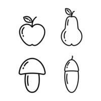 Outline Apple and Pear, Mushroom and acorn in minimalistic Line Art style. Autumn seasonal fruit. Isolate EPS . Logo, icon, sticker, cards, poster, banner, price, label or web, promo design idea vector