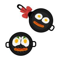 Grill and frying pan with bow Fried eggs sausage, strip of ketchup in smiling face form. Top view. Hand drawn Isolated Culinary food poster or card menu, banner, brochure, price tag concept vector