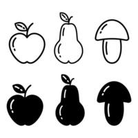 Silhouette and Outline Apple, Pear and Mushroom in minimalist style. Logo, icon concept. Set of 6. Isolate EPS . Logo, icon, sticker, cards, poster, banner, price tag, label or web, promo idea vector