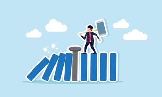 Business continuity and recovery crisis management, proactive protection, and strategies to avoid risks, concept of businessman put the nail to protect domino effect collapse vector