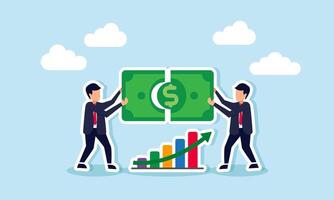 Wealth management financial consultants solve money problems with planning and investment strategies, concept of businessman wealth expert team solving money jigsaw with profit growth graph. vector