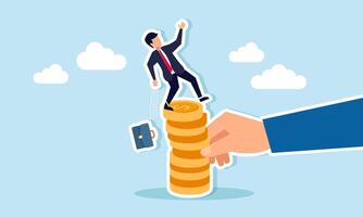 Investment risk from rug pull crashes withdrawing money, market volatility, instability, and uncertainty, concept of A giant hand pulls money from a coin stack, causing the investor to fall vector