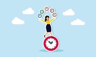 Time management for efficiency and productivity manage projects, control schedules, and work quickly, concept of businesswoman juggling clocks and balance herself on the clock. vector
