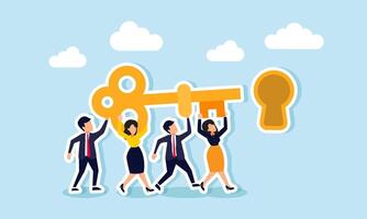Key to success teamwork, problem solving, career opportunities, discovery, and motivation, concept of Business team members help carry a golden success key and push it into the keyhole vector