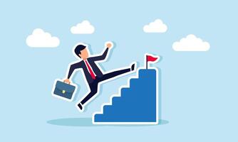 A shortcut or advancement in career to reach goals, skipping steps, or a beginner's mistake by trying too hard, concept of businessman skip stair step to reach target. vector