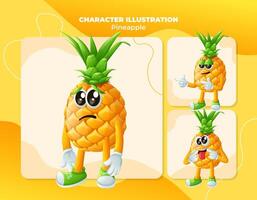 Cute pineapple characters with different facial expressions vector
