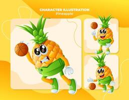 Cute pineapple characters playing basketball vector