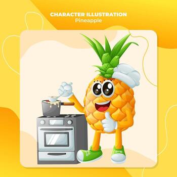 linda piña personaje Cocinando en un estufa vector