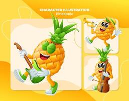 Cute pineapple characters playing musical instruments vector