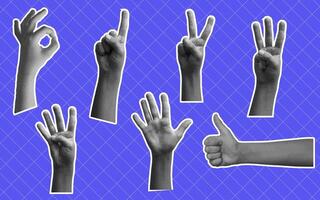 Hands counting on fingers. Grunge, halftone. set of different hands. collage art. vector