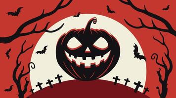 Creepy Halloween scene featuring a Jack-o-lantern, full moon, bats, and gravestones on a red background. poster. vector