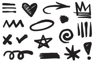 Doodle set of hand-drawn cartoony expression sign doodle, curve directional arrows, emoticon effects design elements, cartoon character emotion symbols, cute decorative brush stroke lines. vector