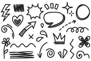 Doodle set of hand-drawn cartoony expression sign doodle, curve directional arrows, emoticon effects design elements, cartoon character emotion symbols, cute decorative brush stroke lines. vector