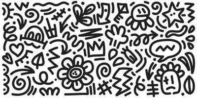 Doodle set of hand-drawn cartoony expression sign doodle, curve directional arrows, emoticon effects design elements, cartoon character emotion symbols, cute decorative brush stroke lines. vector