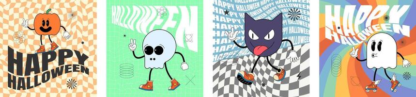 Retro groovy Happy Halloween party art square banner set. Scary pumpkin, skull, bat and ghost holiday characters on crazy hippy print. Psychedelic hippie style abstract flyer. Trendy y2k pop design vector