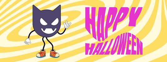 Retro groovy Happy Halloween night party art horizontal banner. Funky bat character on crazy hippy background. Psychedelic hippie abstract print. Trendy y2k pop culture eps design vector
