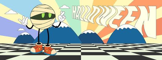 Retro groovy Happy Halloween party art horizontal banner. Mummy holiday character on crazy hippy background. Hippie abstract October 31 festive event eps flyer. Trendy y2k pop design concept vector