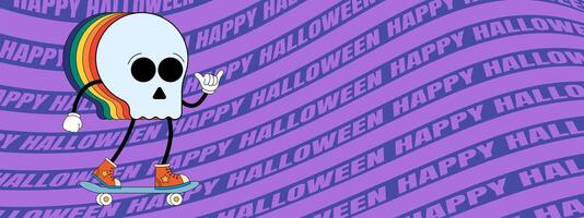 Retro groovy Happy Halloween night party art horizontal banner. Funky skull holiday character on crazy hippy background. Psychedelic hippie abstract print. Trendy y2k pop eps design vector