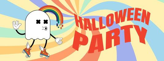 Retro groovy Happy Halloween night party art horizontal banner. Funky ghost holiday character on crazy hippy background. Psychedelic hippie abstract print. Trendy y2k pop eps design concept vector