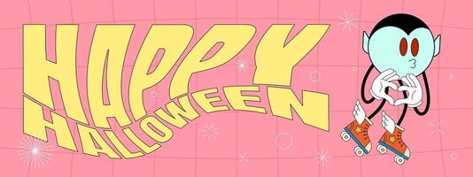Retro groovy Happy Halloween party art horizontal banner. Vampire holiday character on crazy hippy background. Hippie abstract October 31 festive event eps flyer. Trendy y2k pop design concept vector