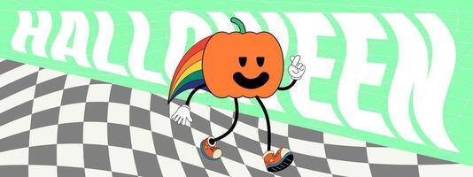 Retro groovy Happy Halloween night party art horizontal banner. Funky Jack o Lantern pumpkin holiday character on crazy hippy background. Psychedelic hippie abstract print. Trendy y2k pop eps design vector
