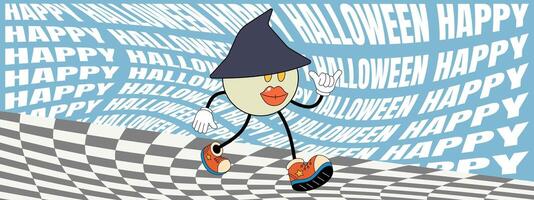 Retro groovy Happy Halloween party art horizontal banner. Cute witch holiday character on crazy hippy background. Hippie abstract October 31 festive event flyer. Trendy y2k pop design concept. Eps vector