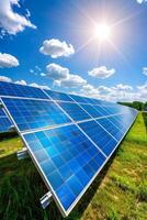 solar panel farm under sunny sky - green energy renewable power generation. photo