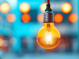 glowing light bulb with blurred bokeh background, inspiration and creativity concept. photo