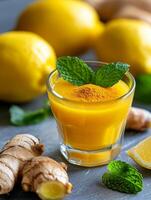 golden turmeric ginger lemonade with mint garnish - healthy drink recipe. photo